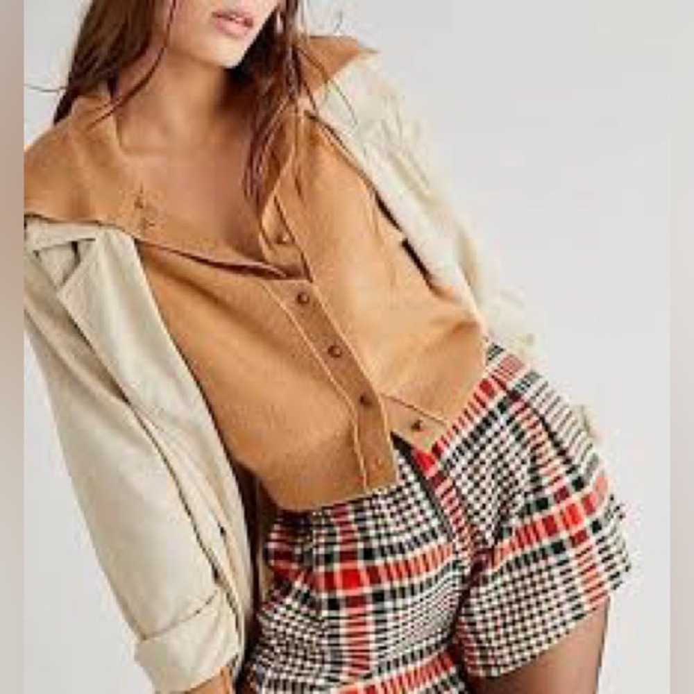 Free People Mayfair Pleated Plaid Cream Brown Orange Boho Academia Shorts Size 4